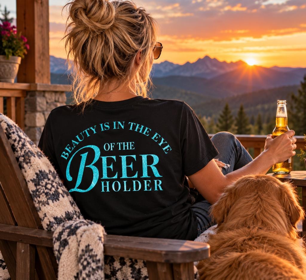 Black shirt with teal glitter Beauty is in the Eye of the Beer Holder design