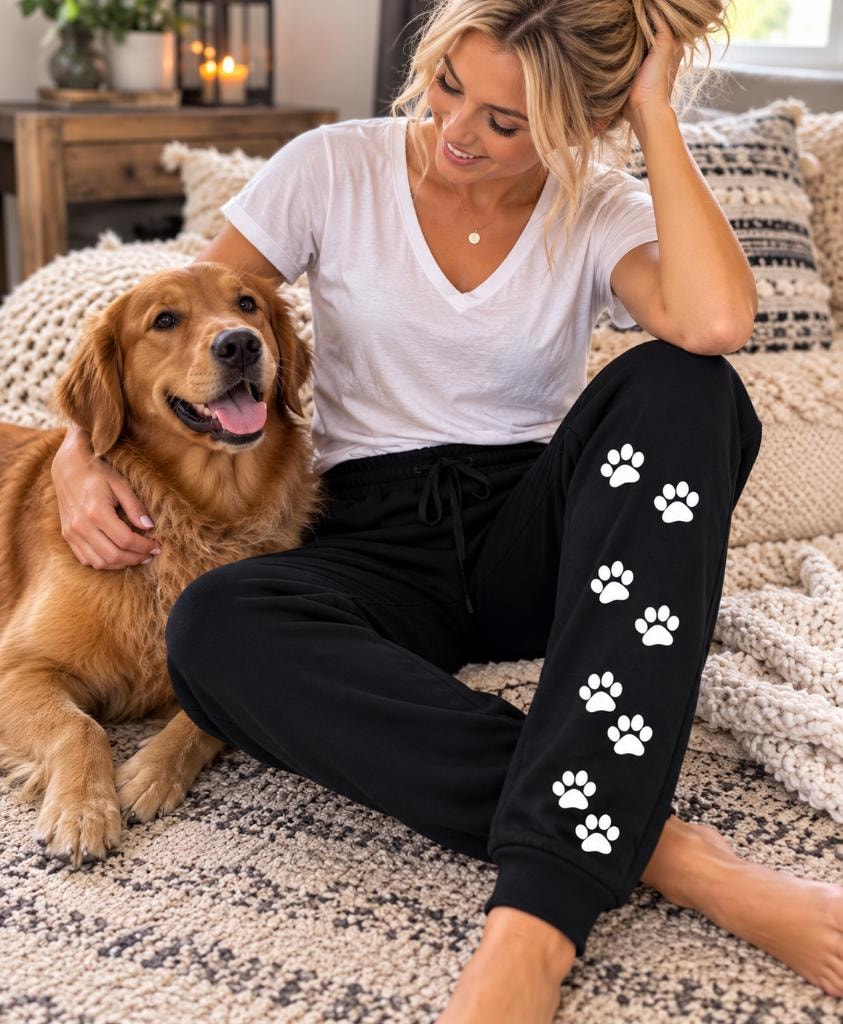 Black sweatpants with white paw print design