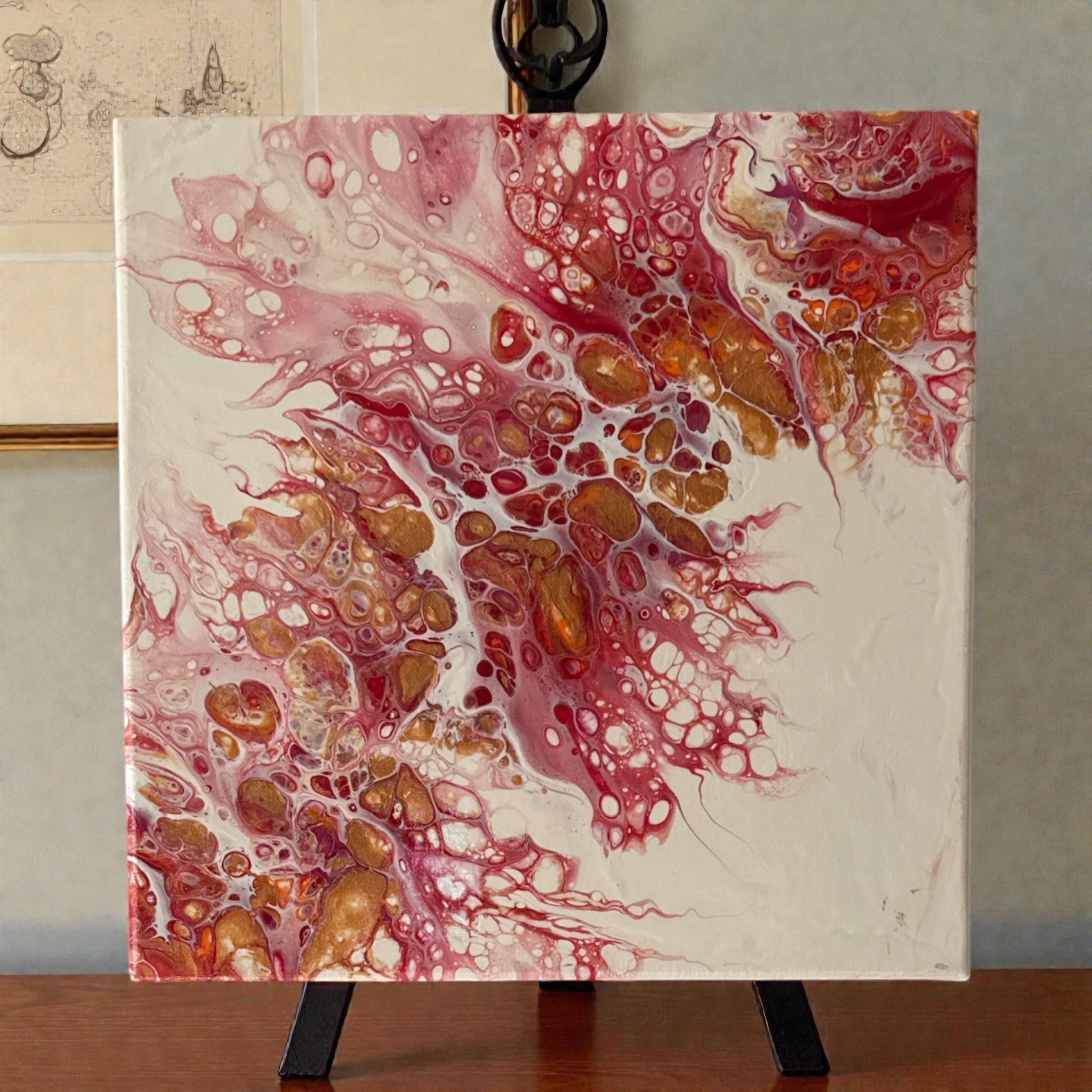 Red and gold pour painting